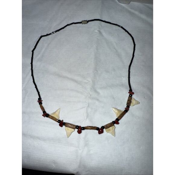 Real Mako Shark Tooth Pendant Surfer Necklace for 17” Wood Beads Handmade - Picture 1 of 2